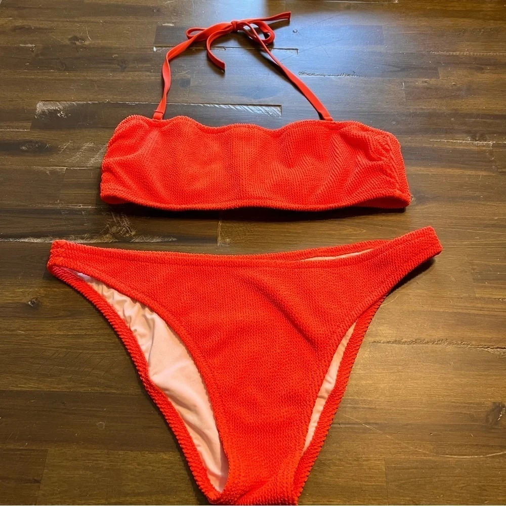 Shade & Shore Orange Crinkle Textured Halter Bikini Plus Size XL 38D Swimsuit